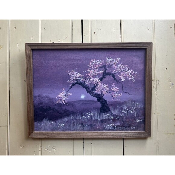 Vintage Signed Framed Oil Painting Cherry Blossom Tree At Dusk W/Moon Is Rising - Picture 1 of 9